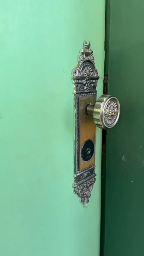 Cerradura ornamentada en una puerta verde